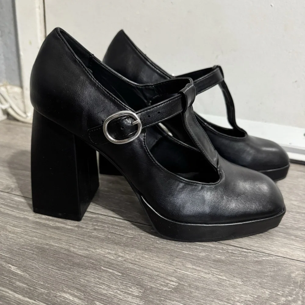 BAMBOO Black Academia Platform Mary Jane Pumps Chucky‎ Heel 9 Faux Leather Y2K
